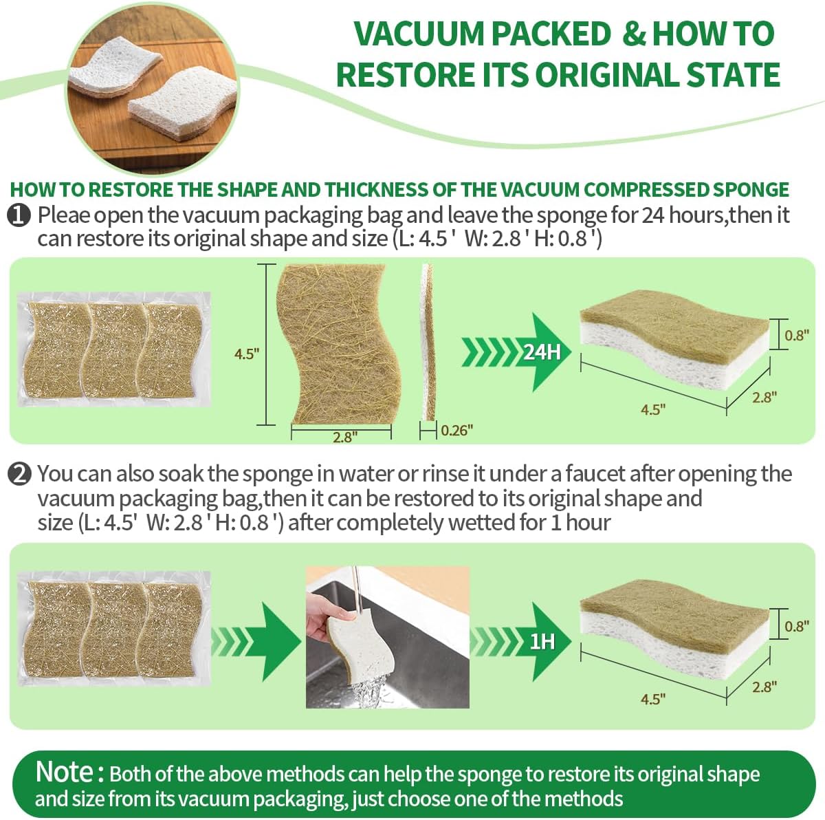 Sponges Kitchen Natural Dish Sponge Plant-Based Biodegradable Compostable Cellulose with Coconut Scrubber Sponge Non Scratch Eco Friendly Kitchen sponges for Kitchen Dishes(Pack of 12)