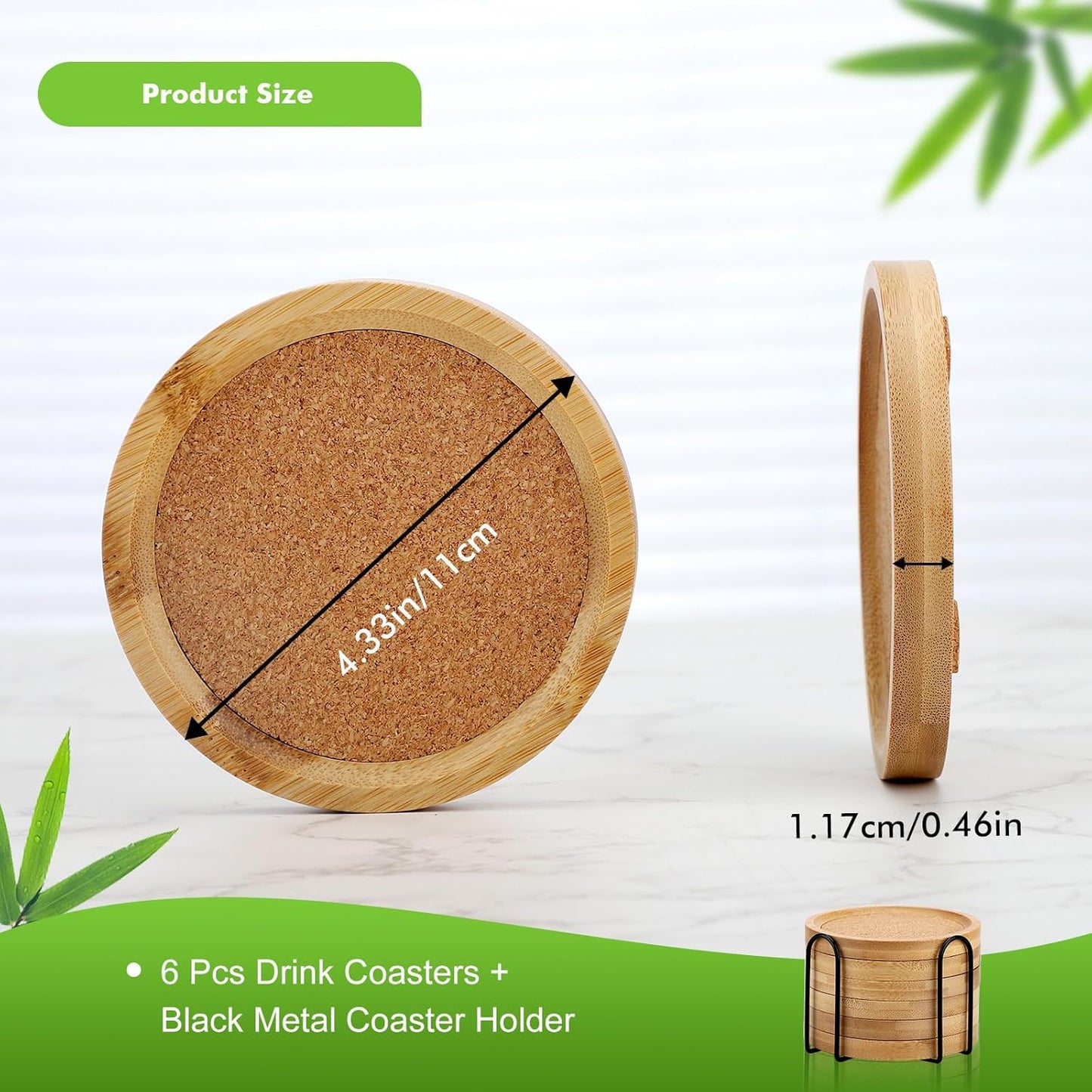 Bamboo Cork Coasters for Drinks – Absorbent Coaster Set of 6 with Holder (4.33 in)