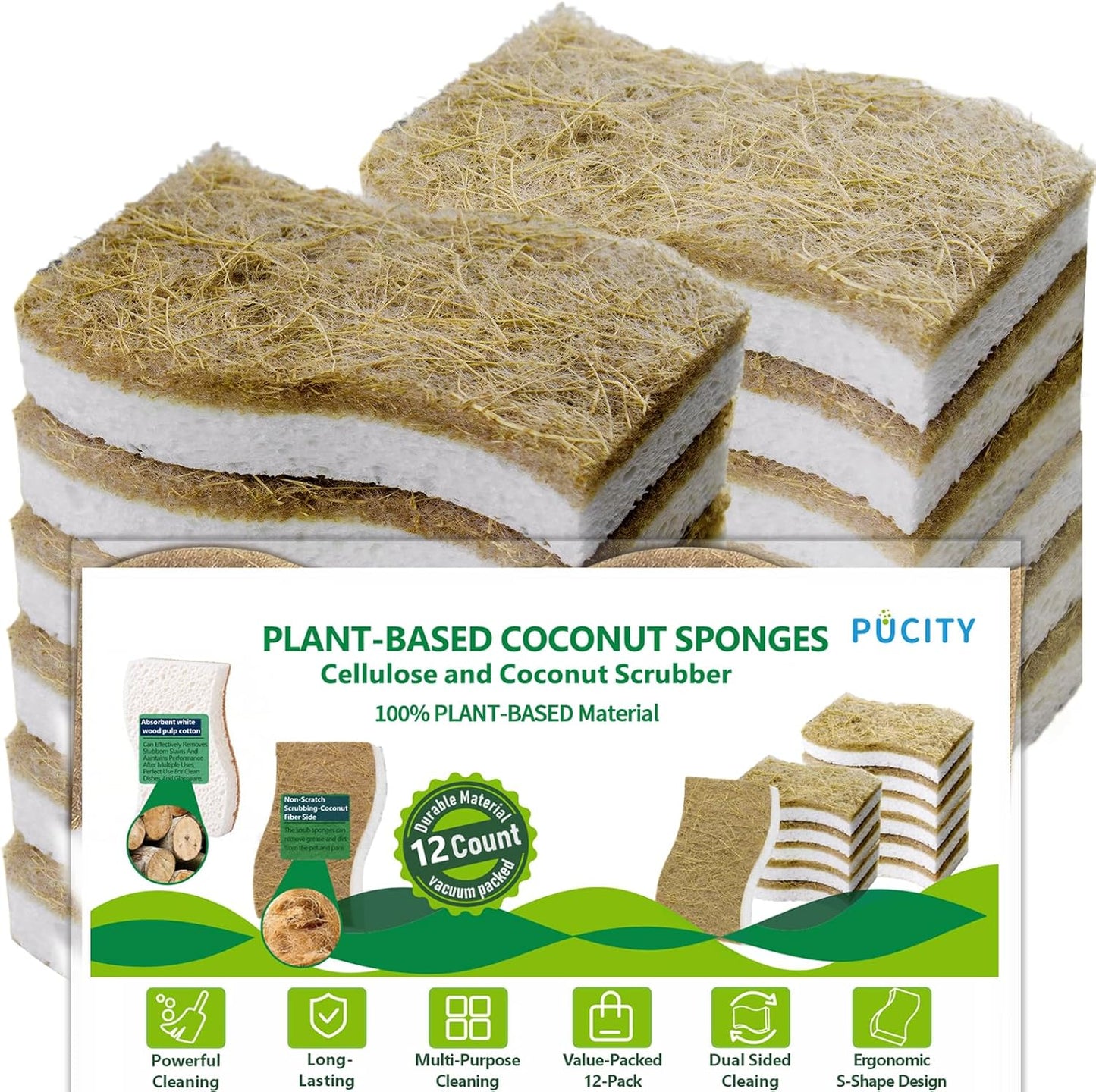 Sponges Kitchen Natural Dish Sponge Plant-Based Biodegradable Compostable Cellulose with Coconut Scrubber Sponge Non Scratch Eco Friendly Kitchen sponges for Kitchen Dishes（Pack of 12）