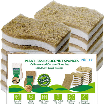 Sponges Kitchen Natural Dish Sponge Plant-Based Biodegradable Compostable Cellulose with Coconut Scrubber Sponge Non Scratch Eco Friendly Kitchen sponges for Kitchen Dishes（Pack of 12）