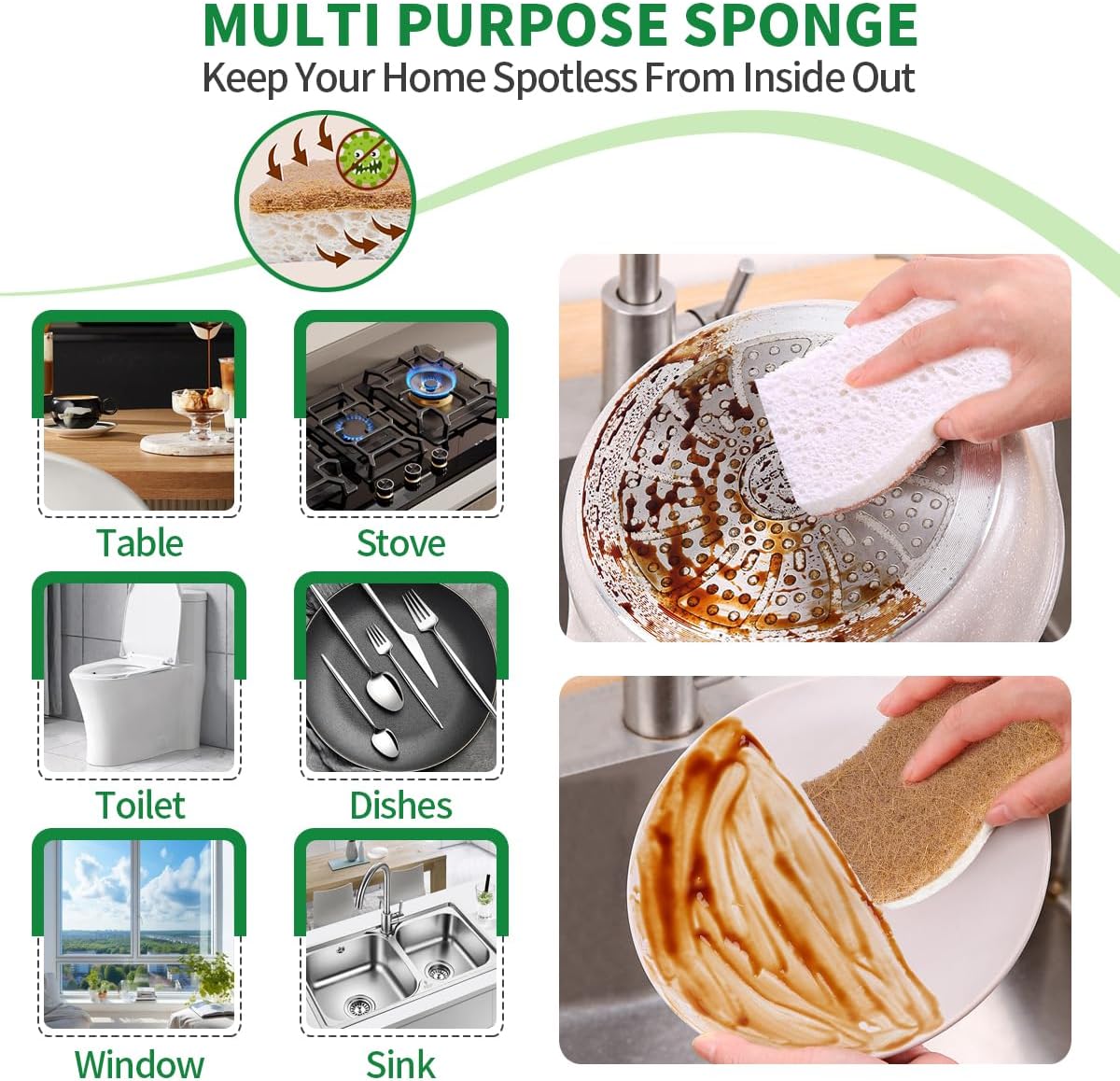 Sponges Kitchen Natural Dish Sponge Plant-Based Biodegradable Compostable Cellulose with Coconut Scrubber Sponge Non Scratch Eco Friendly Kitchen sponges for Kitchen Dishes（Pack of 12）