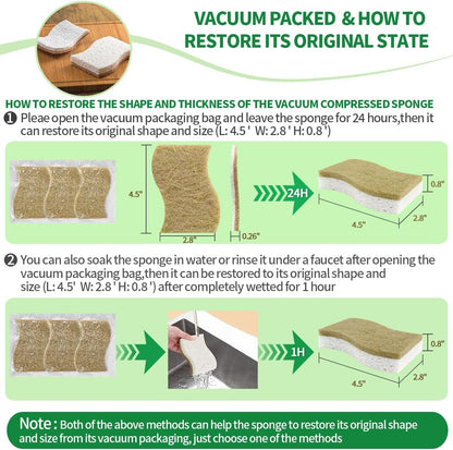 Sponges Kitchen Natural Dish Sponge Plant-Based Biodegradable Compostable Cellulose with Coconut Scrubber Sponge Non Scratch Eco Friendly Kitchen sponges for Kitchen Dishes（Pack of 12）