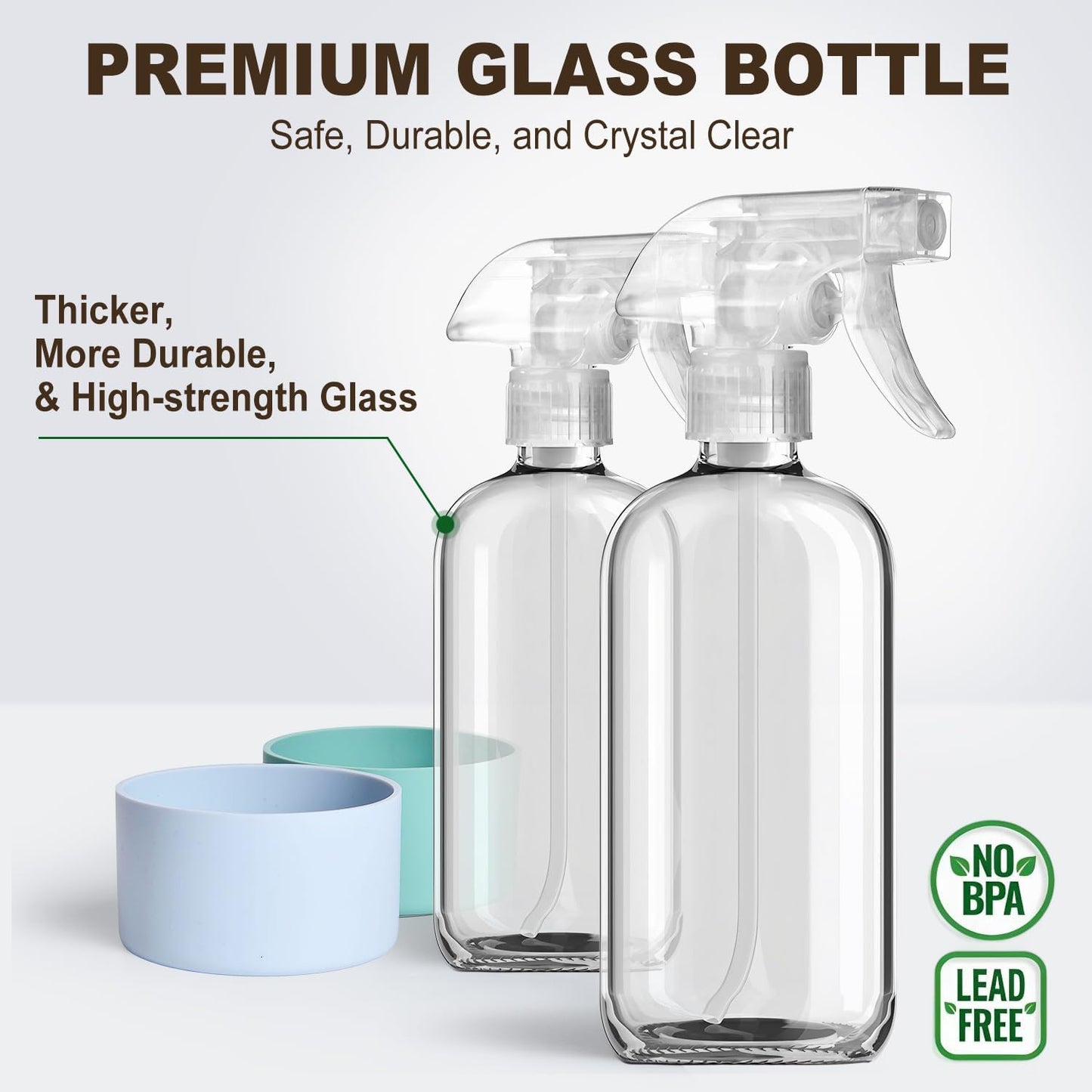 Reusable Glass Spray Bottles with Silicone Sleeves – 2 Pack (16 oz)