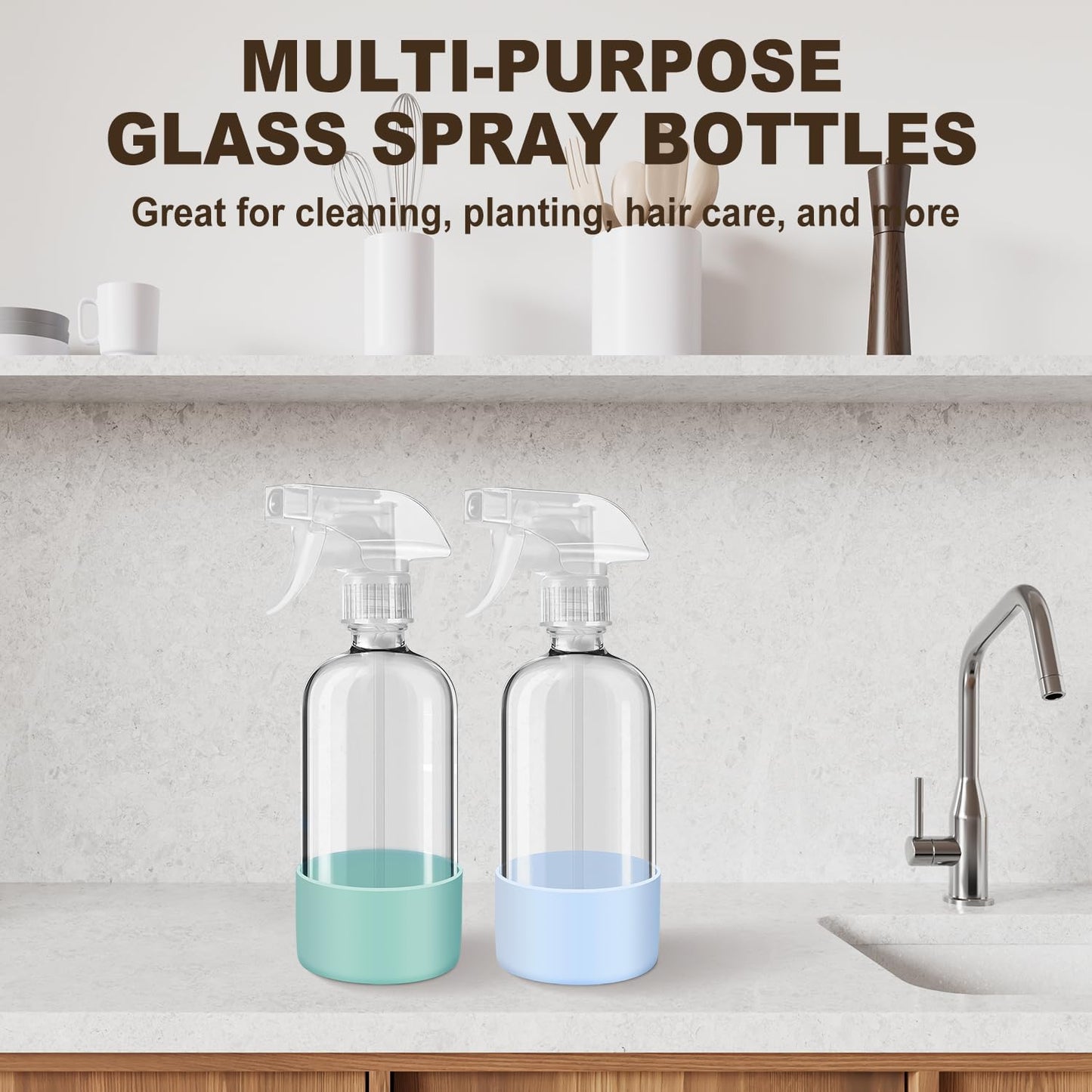 Reusable Glass Spray Bottles with Silicone Sleeves – 2 Pack (16 oz)