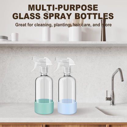 Reusable Glass Spray Bottles with Silicone Sleeves – 2 Pack (16 oz)