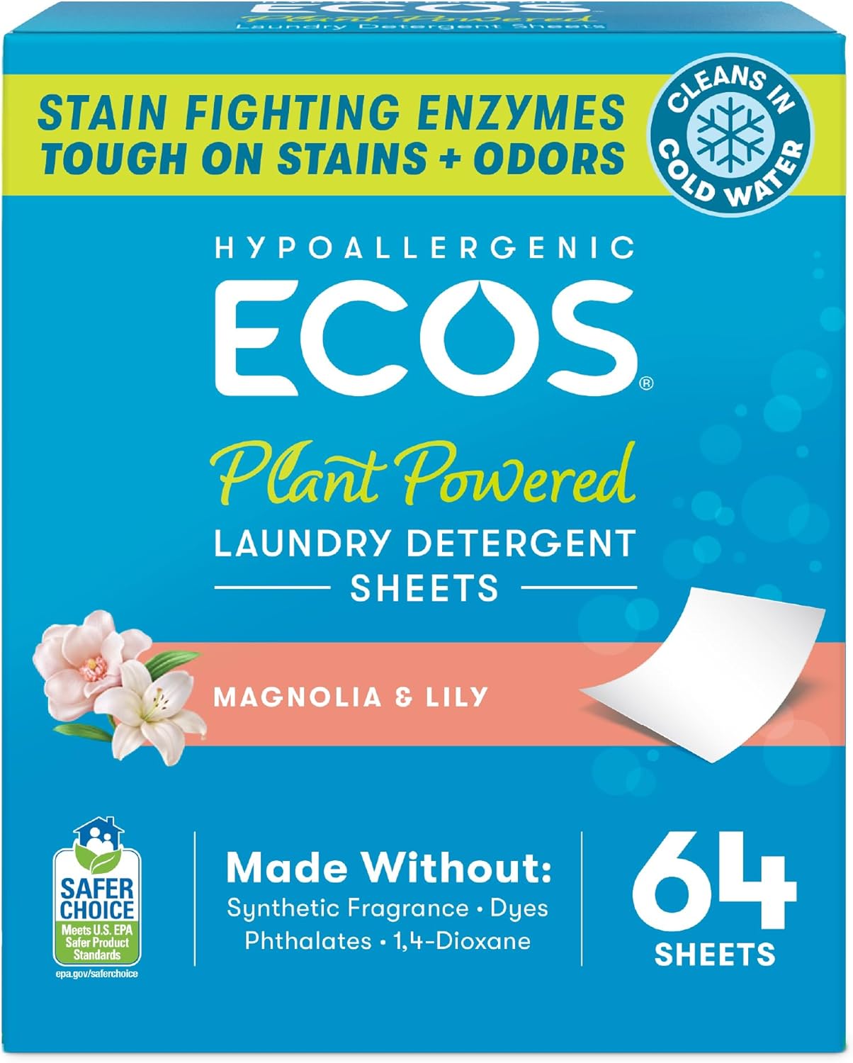 ECOS Plant-Powered Laundry Detergent Sheets – Magnolia & Lily (64 Count)