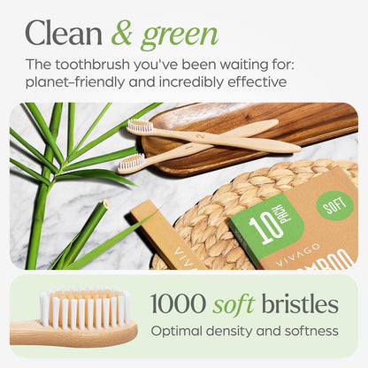 Bamboo Toothbrushes 10 Pack BPA Free Soft Bristles, Eco-Friendly Natural Wooden Toothbrush