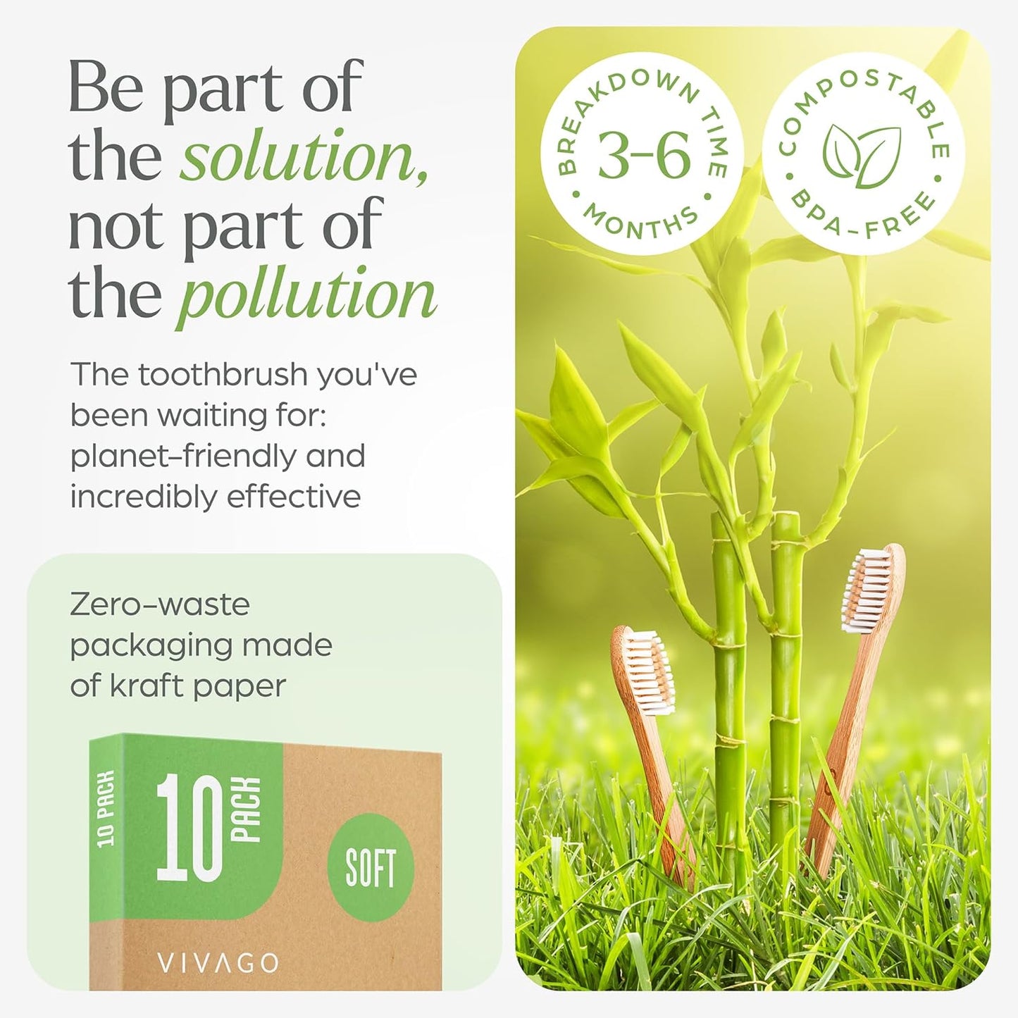 Bamboo Toothbrushes 10 Pack BPA Free Soft Bristles, Eco-Friendly Natural Wooden Toothbrush