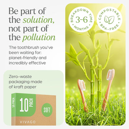Bamboo Toothbrushes 10 Pack BPA Free Soft Bristles, Eco-Friendly Natural Wooden Toothbrush