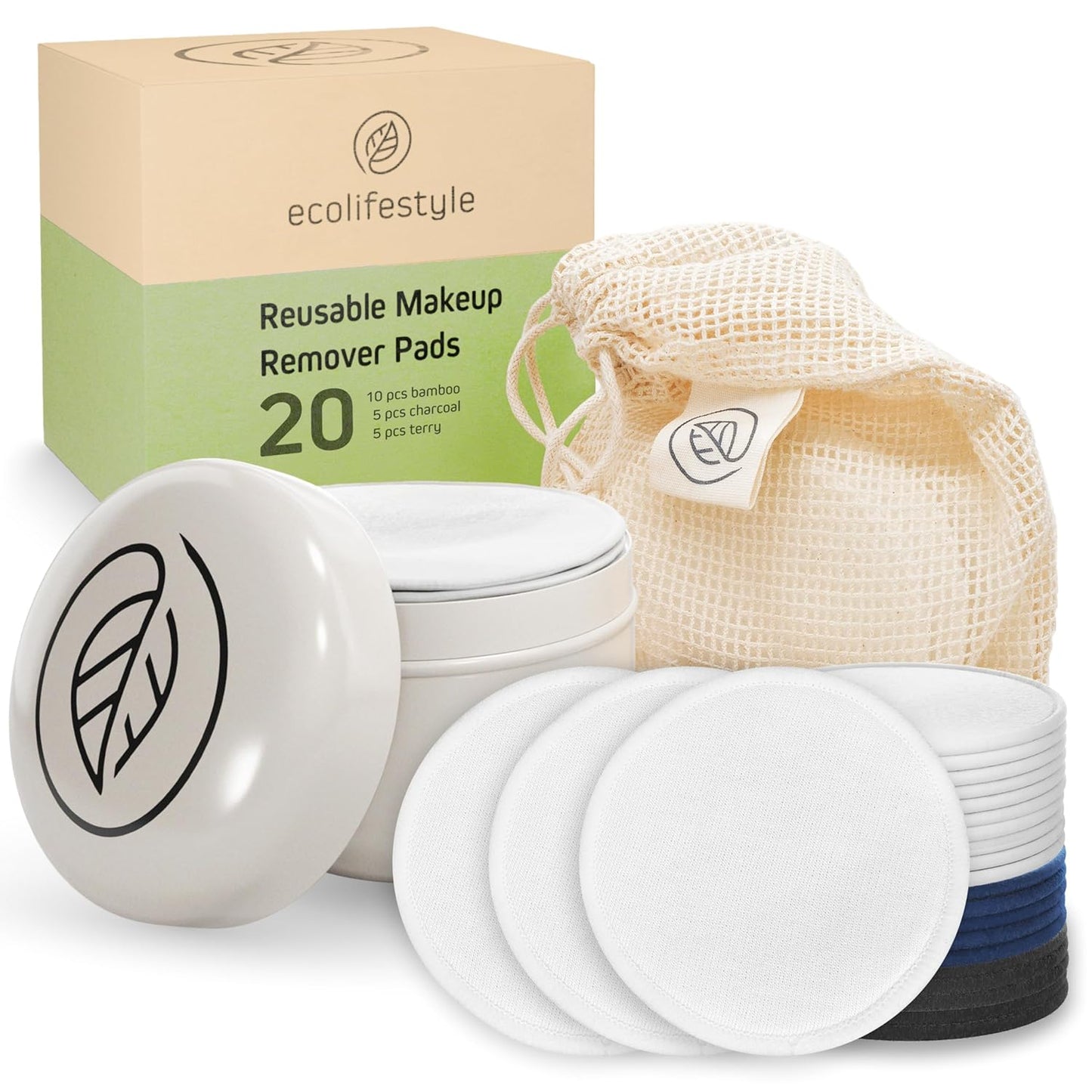Ecolifestyle Reusable Makeup Remover Pads (20 Pack) – Reusable Cotton Rounds with Laundry Bag & Metal Storage Box