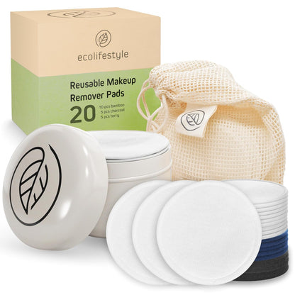 Ecolifestyle Reusable Makeup Remover Pads (20 Pack) – Reusable Cotton Rounds with Laundry Bag & Metal Storage Box