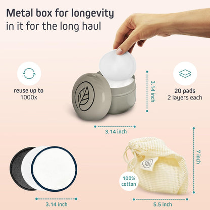 Ecolifestyle Reusable Makeup Remover Pads (20 Pack) – Reusable Cotton Rounds with Laundry Bag & Metal Storage Box
