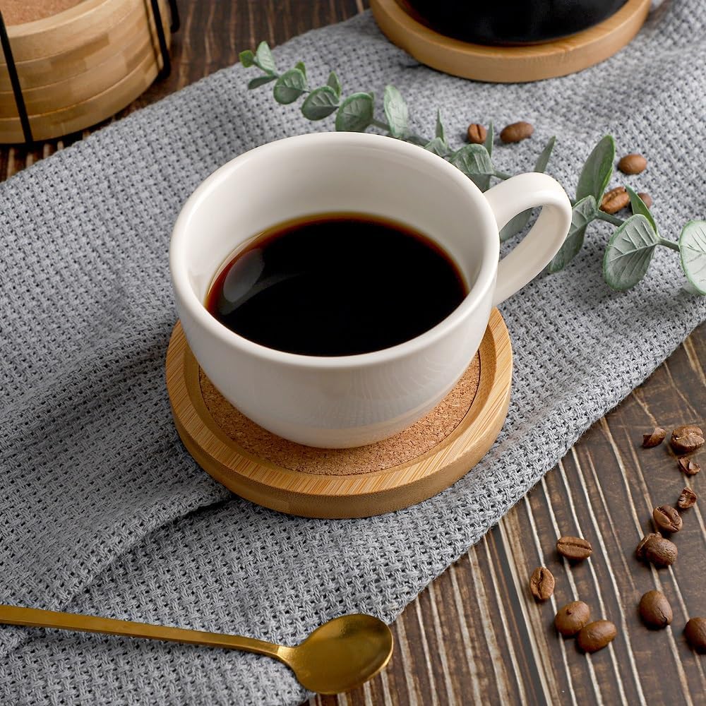 Bamboo Cork Coasters for Drinks – Absorbent Coaster Set of 6 with Holder (4.33 in)