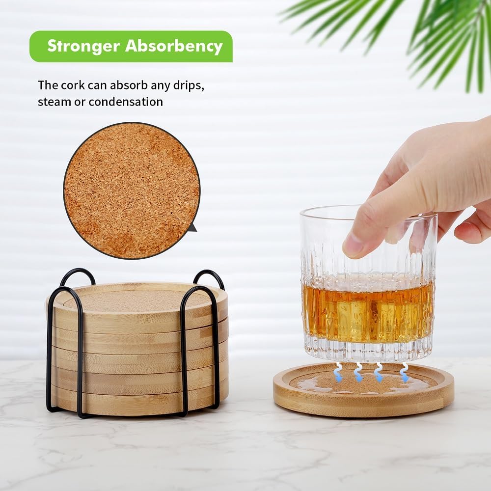 Bamboo Cork Coasters for Drinks – Absorbent Coaster Set of 6 with Holder (4.33 in)