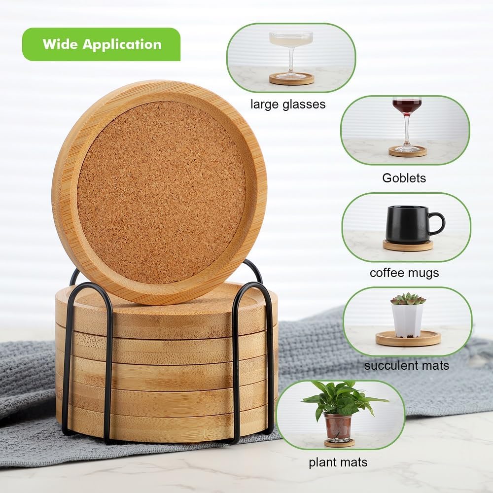 Bamboo Cork Coasters for Drinks – Absorbent Coaster Set of 6 with Holder (4.33 in)