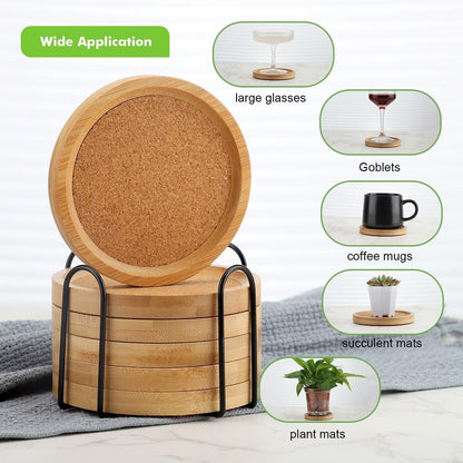 Bamboo Cork Coasters for Drinks – Absorbent Coaster Set of 6 with Holder (4.33 in)