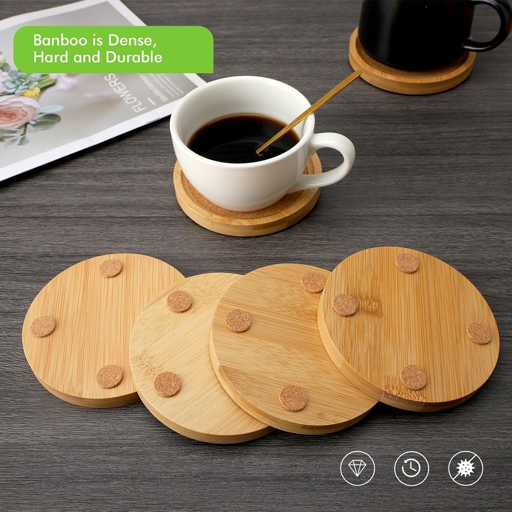 Bamboo Cork Coasters for Drinks – Absorbent Coaster Set of 6 with Holder (4.33 in)