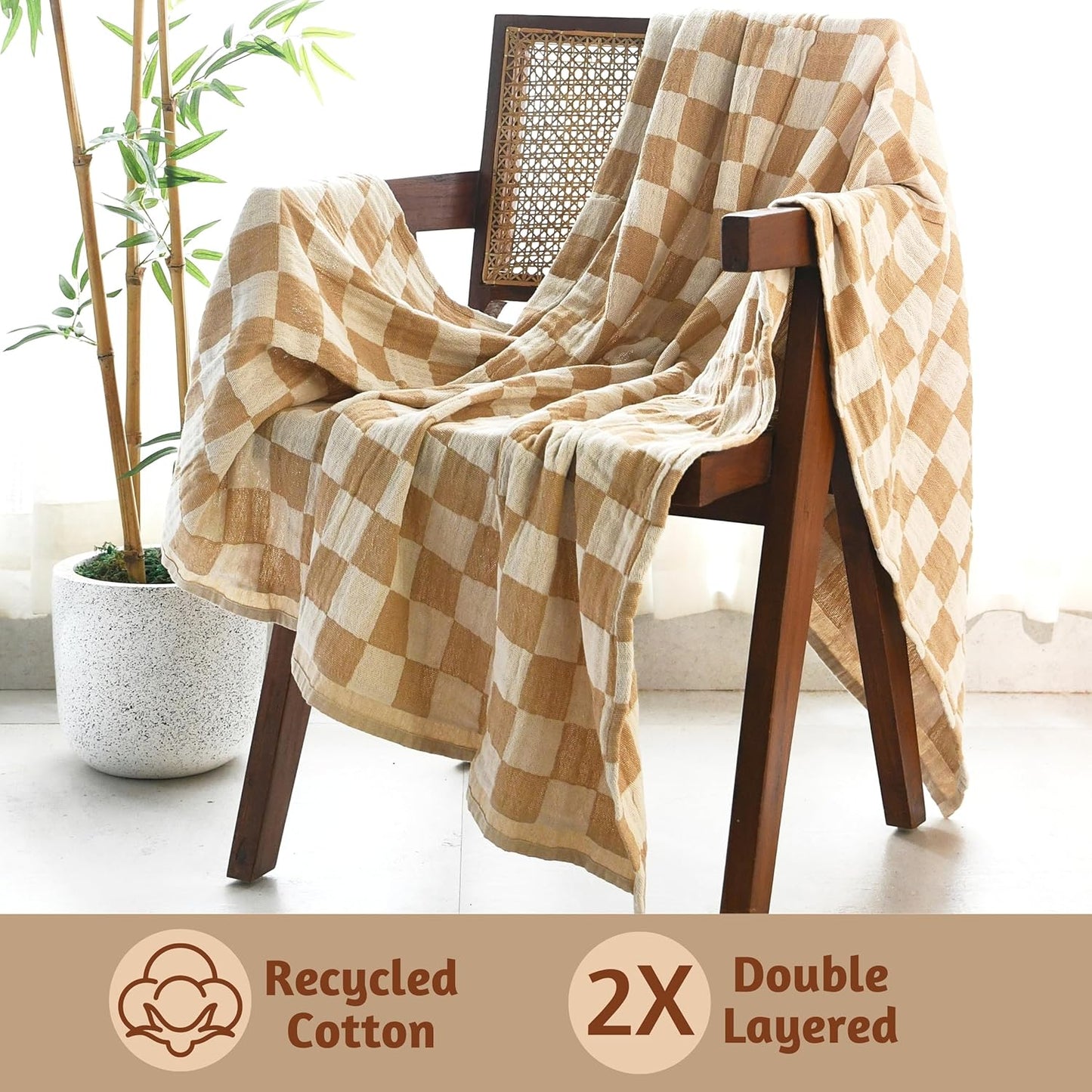 Folkulture Throw Blanket for Couch 50" x 60" – 100% Recycled Cotton Lightweight Throw (Biscuit Checks)