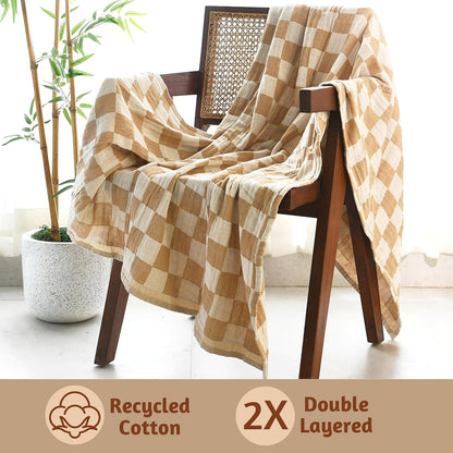 Folkulture Throw Blanket for Couch 50" x 60" – 100% Recycled Cotton Lightweight Throw (Biscuit Checks)