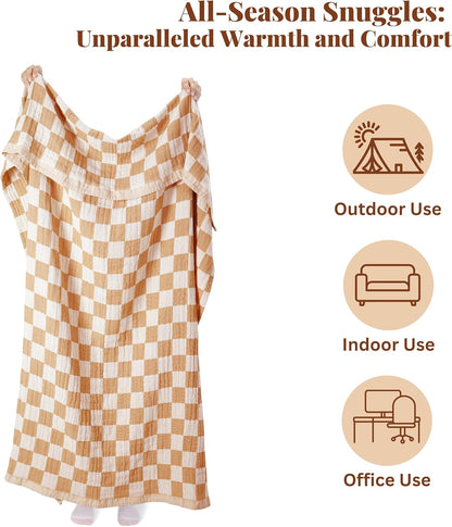 Folkulture Throw Blanket for Couch 50" x 60" – 100% Recycled Cotton Lightweight Throw (Biscuit Checks)