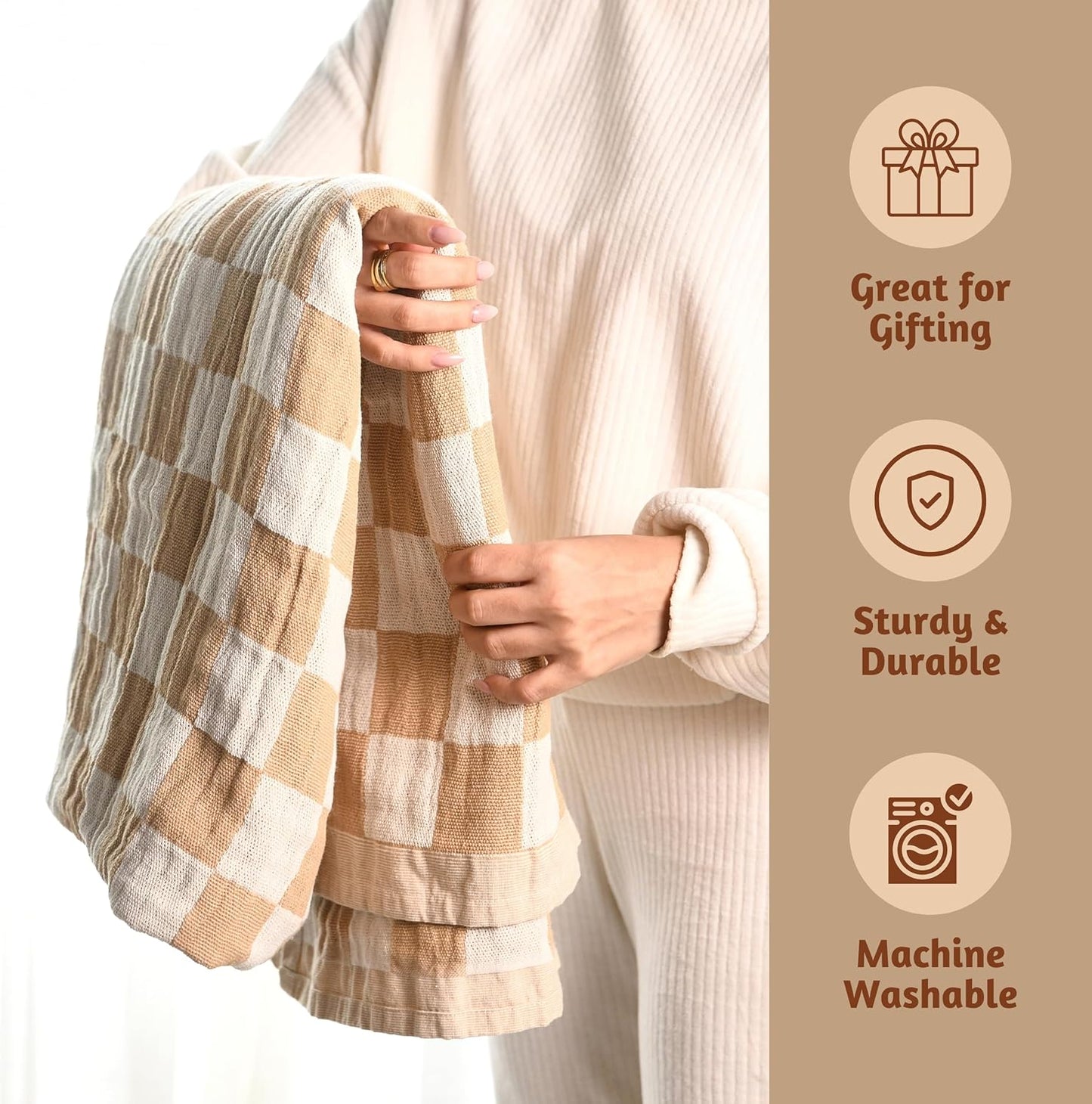 Folkulture Throw Blanket for Couch 50" x 60" – 100% Recycled Cotton Lightweight Throw (Biscuit Checks)