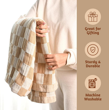 Folkulture Throw Blanket for Couch 50" x 60" – 100% Recycled Cotton Lightweight Throw (Biscuit Checks)