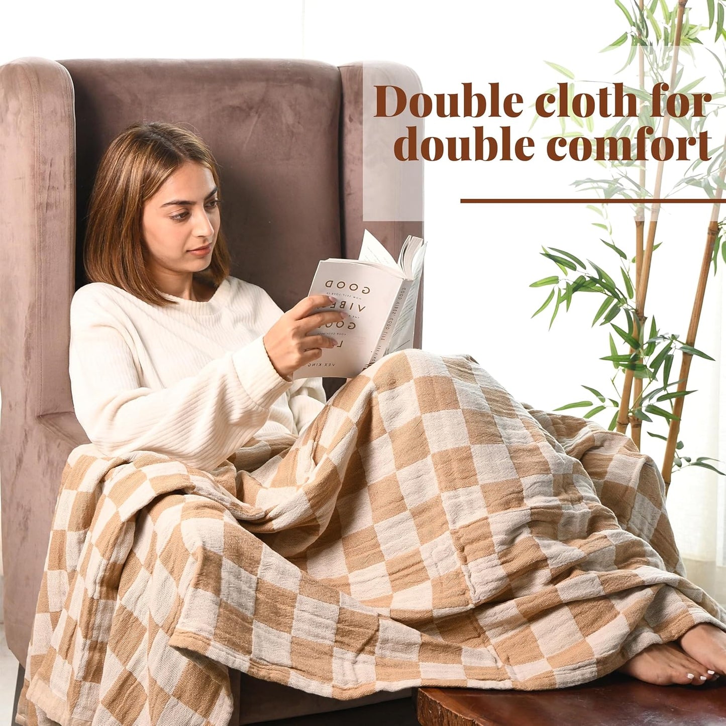 Folkulture Throw Blanket for Couch 50" x 60" – 100% Recycled Cotton Lightweight Throw (Biscuit Checks)