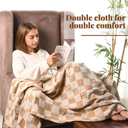 Folkulture Throw Blanket for Couch 50" x 60" – 100% Recycled Cotton Lightweight Throw (Biscuit Checks)