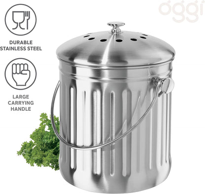 OGGI Countertop Compost Bin with Lid – 1 Gallon Indoor Compost Bin with Charcoal Filter