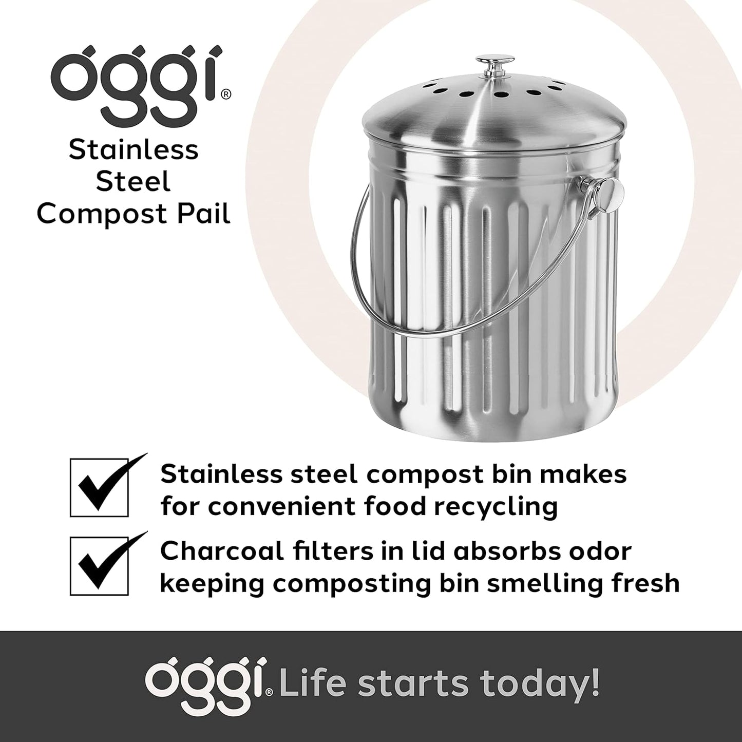 OGGI Countertop Compost Bin with Lid – 1 Gallon Indoor Compost Bin with Charcoal Filter