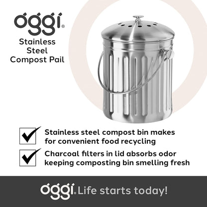 OGGI Countertop Compost Bin with Lid – 1 Gallon Indoor Compost Bin with Charcoal Filter