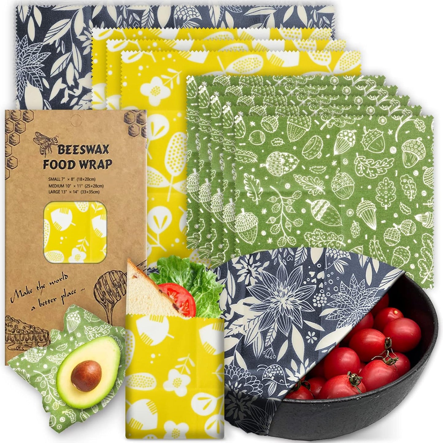 Organic Beeswax Reusable Food Wraps – 9 Pack (Flower Patterns)
