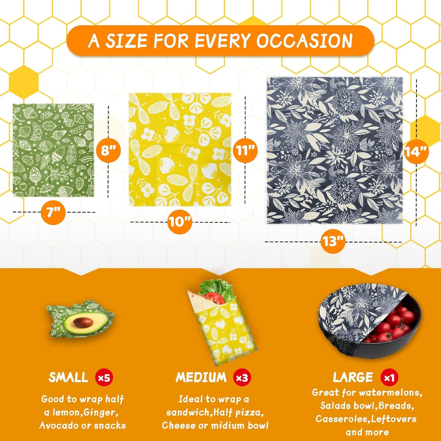 Organic Beeswax Reusable Food Wraps – 9 Pack (Flower Patterns)