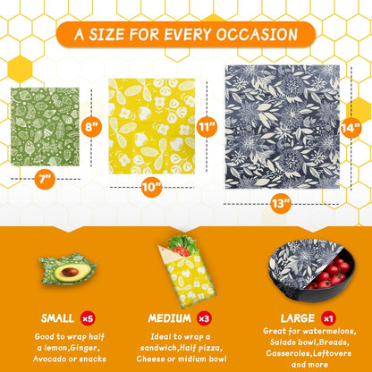 Organic Beeswax Reusable Food Wraps – 9 Pack (Flower Patterns)