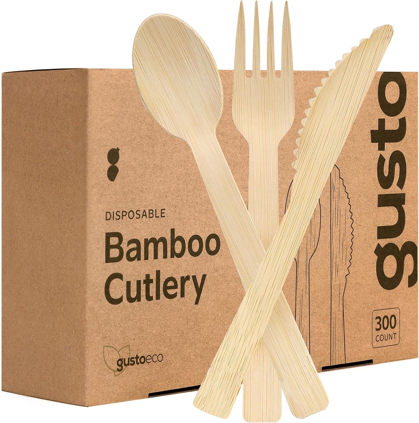 GUSTO [300 Combo Pack] Compostable Bamboo Cutlery Set, 150 Forks – 100 Spoons – 50 Knives Disposable Utensils for Parties, Camping, and Everyday Use