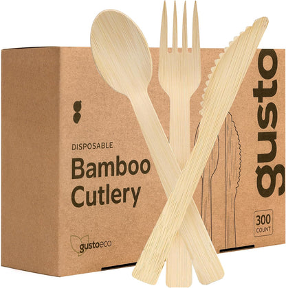 GUSTO [300 Combo Pack] Compostable Bamboo Cutlery Set, 150 Forks – 100 Spoons – 50 Knives Disposable Utensils for Parties, Camping, and Everyday Use