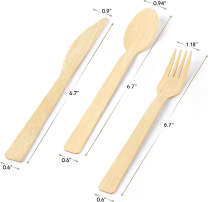 GUSTO [300 Combo Pack] Compostable Bamboo Cutlery Set, 150 Forks – 100 Spoons – 50 Knives Disposable Utensils for Parties, Camping, and Everyday Use